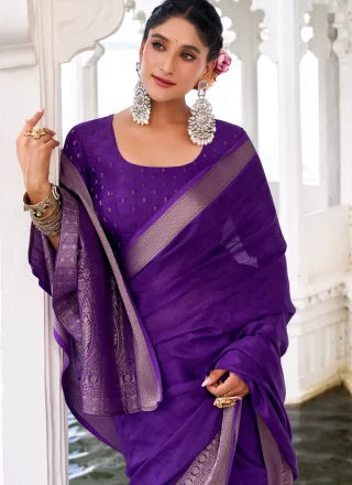 Purple Chinon Traditional Saree with Weaving and Zari Work