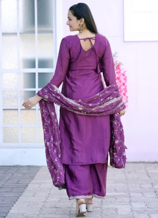 Purple Chinon Trendy Suit with Embroidered, Sequins and Zari Work for Festival