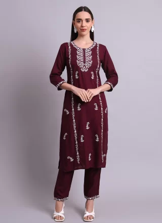 Purple Cotton Casual Kurti with Embroidered Work