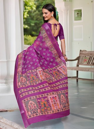 Purple Cotton Digital Print Work Classic Saree