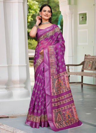 Purple Cotton Digital Print Work Classic Saree