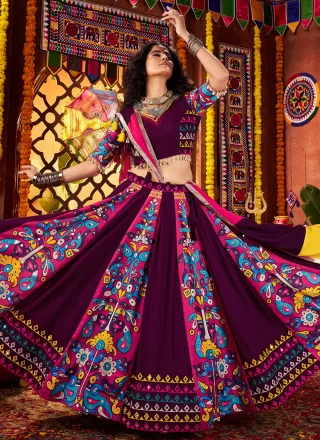 Purple Cotton Embroidered, Fancy, Mirror and Print Work Readymade Lehenga Choli