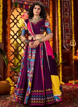 Purple Cotton Embroidered, Fancy, Mirror and Print Work Readymade Lehenga Choli