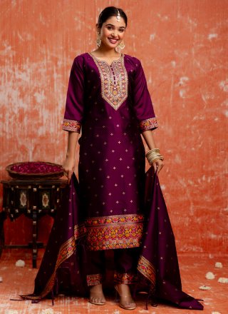 Purple Cotton Embroidered Work Salwar Suit