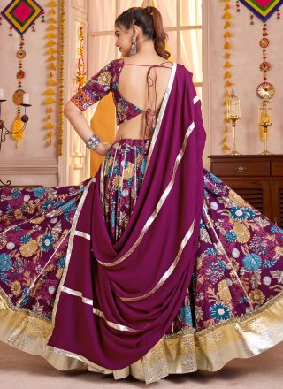 Purple Cotton Fancy, Lace and Print Work Readymade Lehenga Choli for Ceremonial