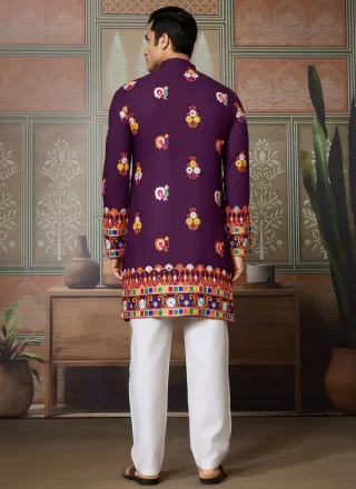 Purple Cotton Kurta Mens Wear with Gamthi and Mirror Work for Men