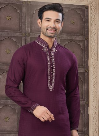 Purple Cotton Kurta Pyjama with Embroidered Work