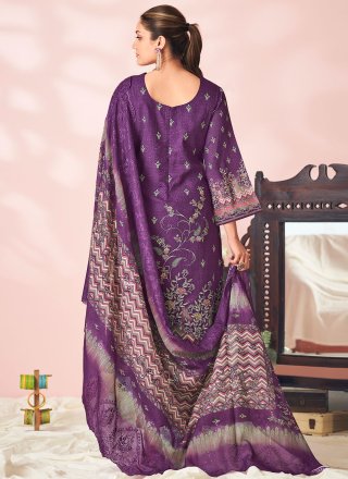 Purple Cotton Lawn Salwar Suit with Digital Print, Floral Patch, Resham and Thread Work for Women
