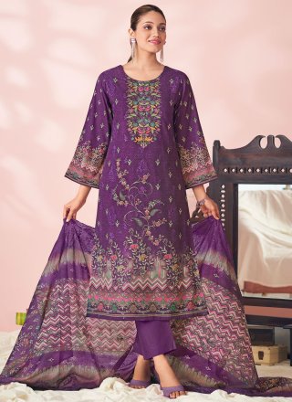 Purple Cotton Lawn Salwar Suit with Digital Print, Floral Patch, Resham and Thread Work for Women