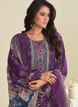 Purple Cotton Pant Style Suit with Digital Print and Embroidered Work