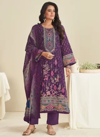 Purple Cotton Pant Style Suit with Digital Print and Embroidered Work