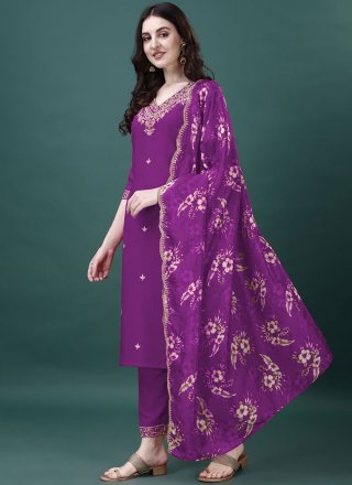 Purple Cotton Pant Style Suit with Embroidered Work for Women