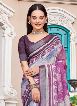 Purple Cotton Patch Border and Digital Print Work Classic Saree