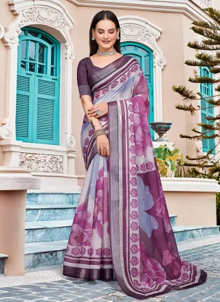 Purple Cotton Patch Border and Digital Print Work Classic Saree