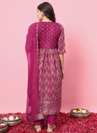 Purple Cotton Silk Embroidered and Print Work Pant Style Suit