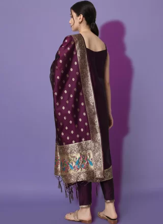 Purple Cotton Silk Readymade Salwar Suit with Jacquard and Zari Work