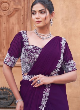 Purple Crepe Silk Designer Sari with Moti, Stone and Thread Work