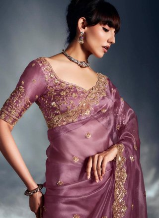 Purple Cut Dana, Cut, Khatli, Sequins, Thread and Zari Work Fancy Fabric Contemporary Saree