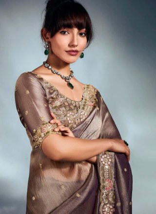 Purple Cut, Embroidered, Khatli, Sequins and Zari Work Fancy Fabric Contemporary Saree