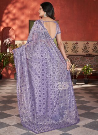 Purple Cut, Embroidered, Sequins and Thread Work Net Contemporary Saree