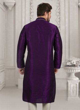 Purple Dupion Silk Kurta Pyjama with Embroidered Work for Engagement