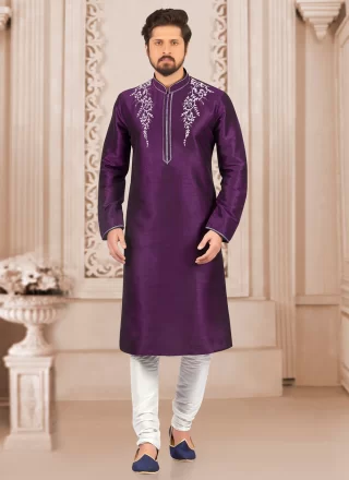 Purple Dupion Silk Kurta Pyjama with Embroidered Work for Engagement