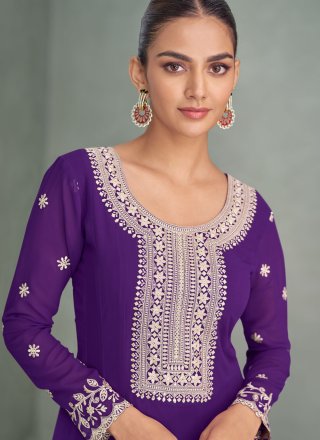 Purple Embroidered and Sequins Work Georgette Gown