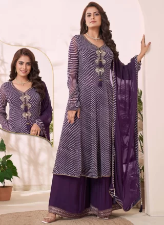 Purple Embroidered and Strips Print Work Georgette Floor Length Salwar Suit