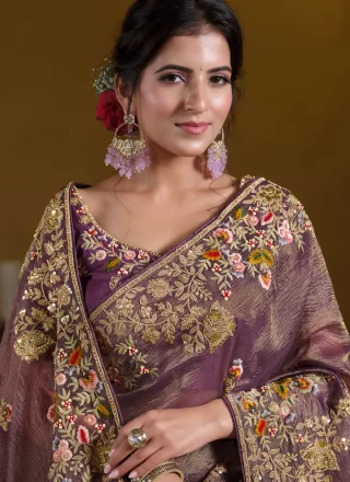 Purple Embroidered, Moti, Sequins, Thread and Zari Work Banarasi Silk Traditional Saree