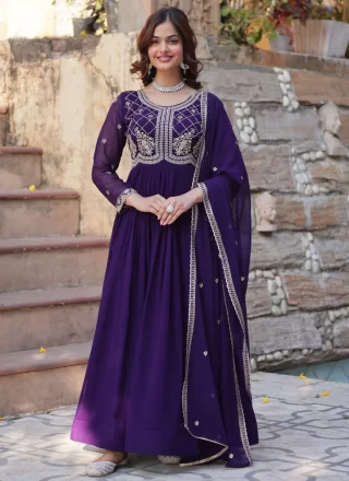 Purple Embroidered, Sequins and Zari Work Faux Georgette  Designer Gown