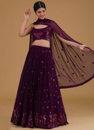Purple Embroidered, Sequins and Zari Work Georgette A - Line Lehenga Choli