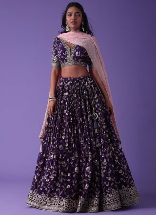 Purple Embroidered, Sequins and Zari Work Georgette A - Line Lehenga Choli