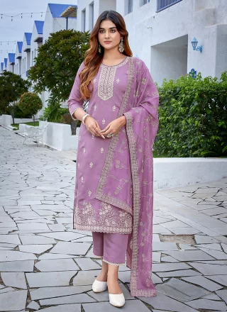 Purple Embroidered Work Chanderi Salwar Suit