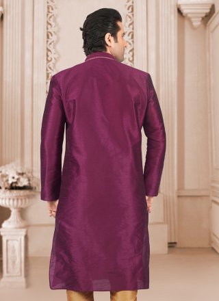 Purple Embroidered Work Dupion Silk Kurta Mens Wear