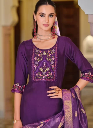 Purple Embroidered Work Viscose Readymade Style