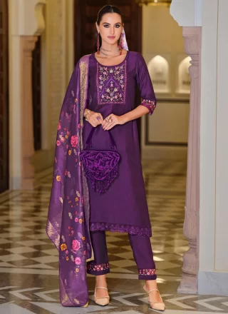 Purple Embroidered Work Viscose Readymade Style
