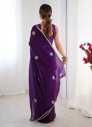 Purple Fancy Fabric Contemporary Sari with Beads, Lace and Moti Work