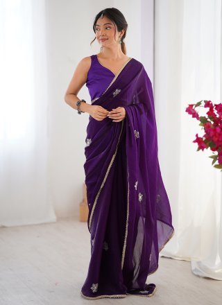 Purple Fancy Fabric Contemporary Sari with Beads, Lace and Moti Work