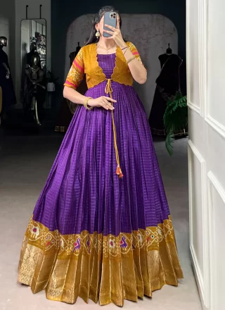 Purple Fancy Fabric Patola Print and Weaving Work  Designer Gown