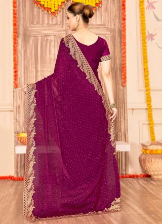 Purple Fandy Embroidered, Swarovski and Zari Work Traditional Saree