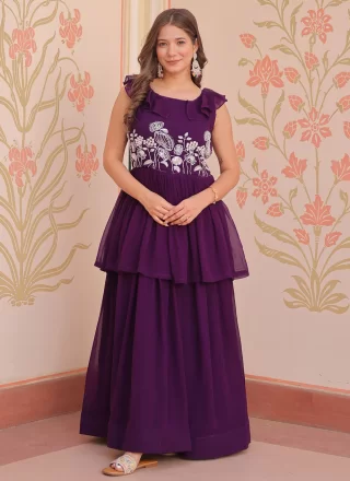 Purple Faux Georgette  Designer Gown with Beads, Sequins and Thread Work