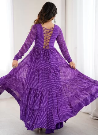Purple Faux Georgette Designer Gown with Gamthi and Print Work for Festival