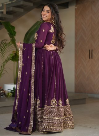 Purple Faux Georgette Embroidered, Sequins and Zari Work Gown for Ceremonial