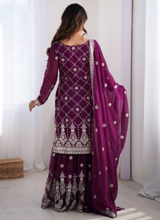 Purple Faux Georgette Embroidered, Sequins and Zari Work Palazzo Salwar Suit for Women