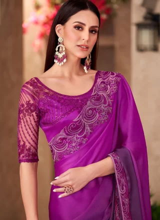 Purple Faux Georgette Patch Border and Embroidered Work Traditional Saree for Women