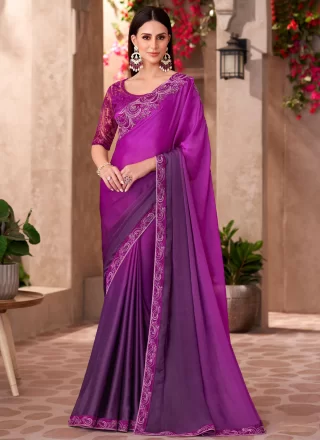 Purple Faux Georgette Patch Border and Embroidered Work Traditional Saree for Women