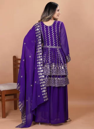 Purple Faux Georgette Readymade Salwar Suit with Embroidered, Sequins and Zari Work for Ceremonial