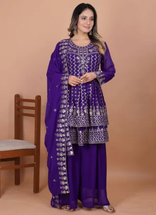 Purple Faux Georgette Readymade Salwar Suit with Embroidered, Sequins and Zari Work for Ceremonial