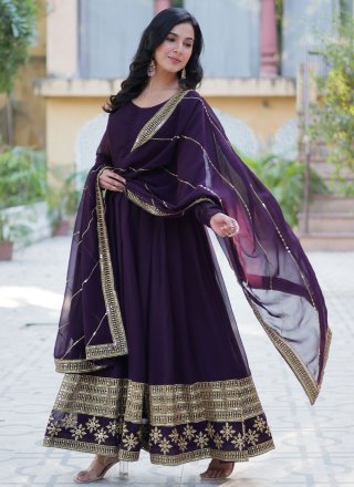 Purple Faux Georgette Sequins, Thread and Zari Work Designer Gown for Ceremonial