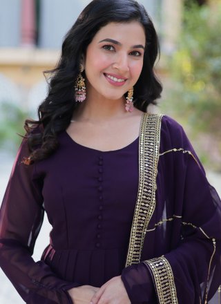 Purple Faux Georgette Sequins, Thread and Zari Work Designer Gown for Ceremonial